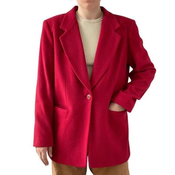 Vintage 90s Womens Cherry Red Wool Cashmere Single Breasted Oversized Blazer - Picture 11 of 11